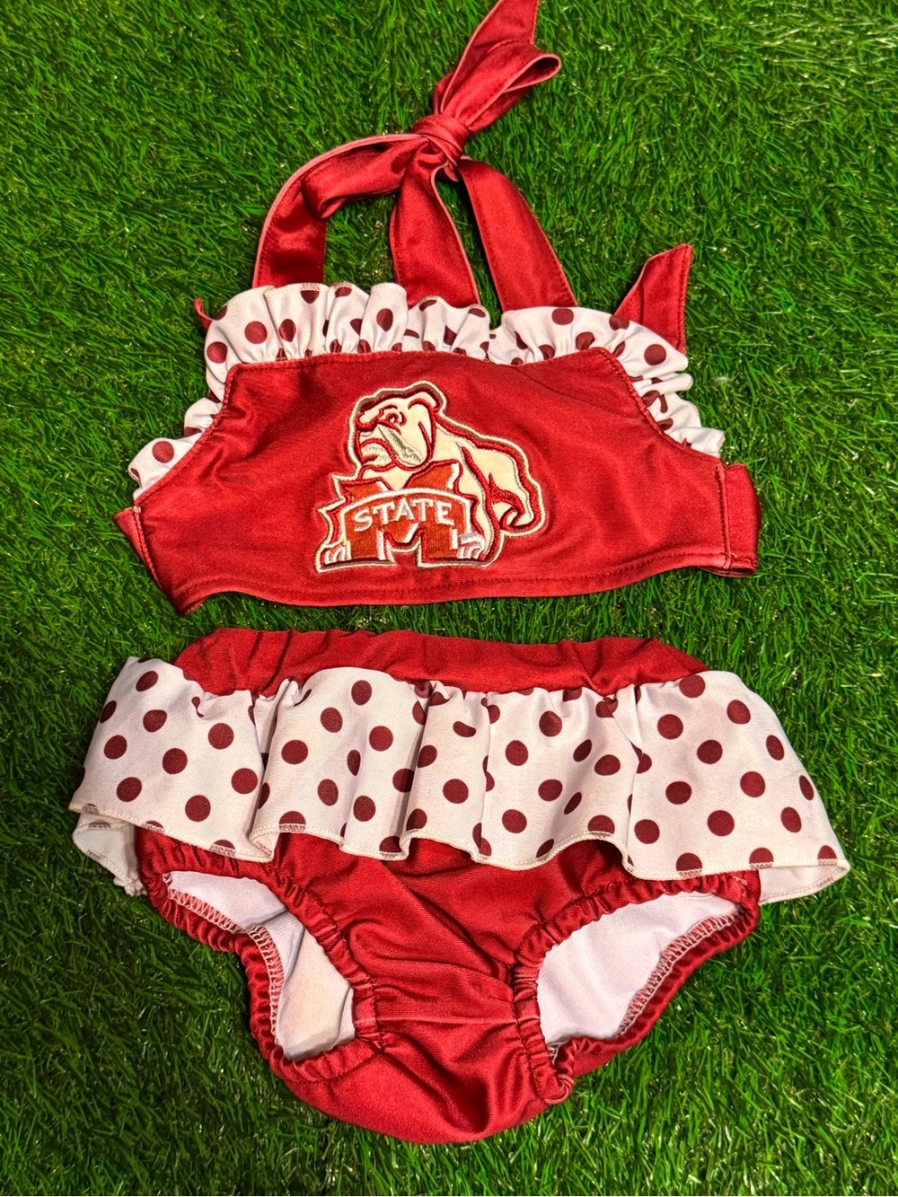 Red Girls' Two-Piece Ruffle Swim Set with MSU Bulldog